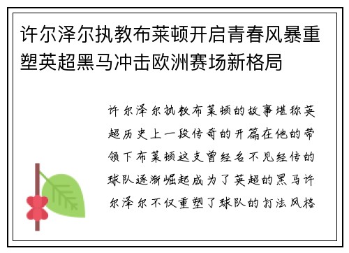 许尔泽尔执教布莱顿开启青春风暴重塑英超黑马冲击欧洲赛场新格局
