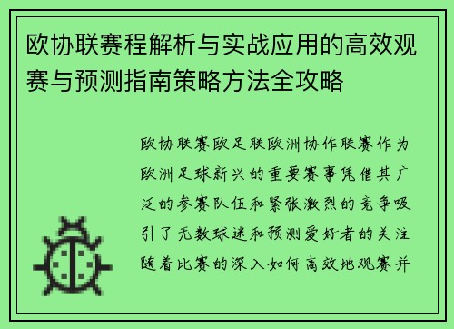 欧协联赛程解析与实战应用的高效观赛与预测指南策略方法全攻略